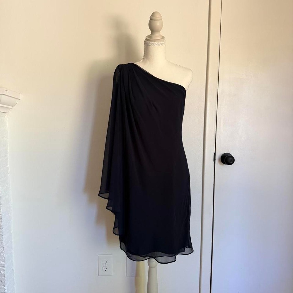 Ralph Lauren silk navy one shoulder mini dress with sheer cape - Picture 4 of 7